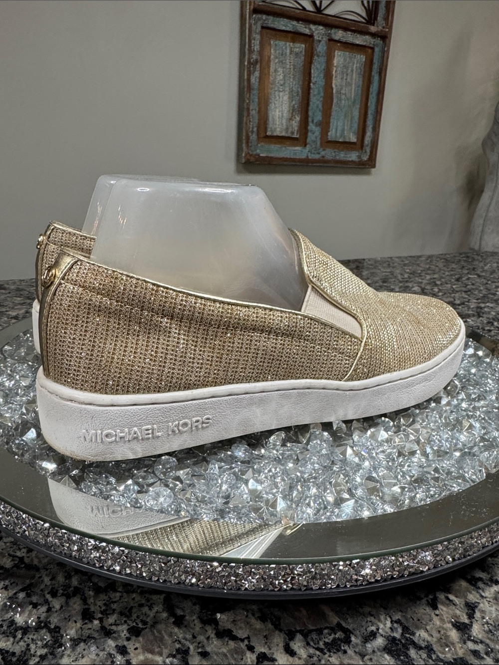 Michael Kors metallic Gold Woven Slip-On Sneaker loafers flats EUC